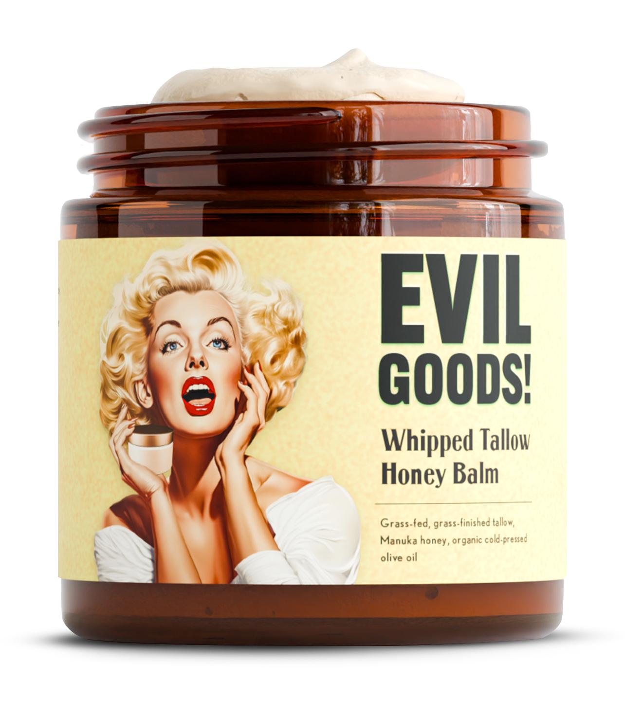 EVIL GOODS Whipped Beef Tallow and Manuka Honey Balm, 4oz, Organic Face Cream, Moisturizer, Body Lotion, Skin Care and Lip Balm - Natural Beauty Skincare