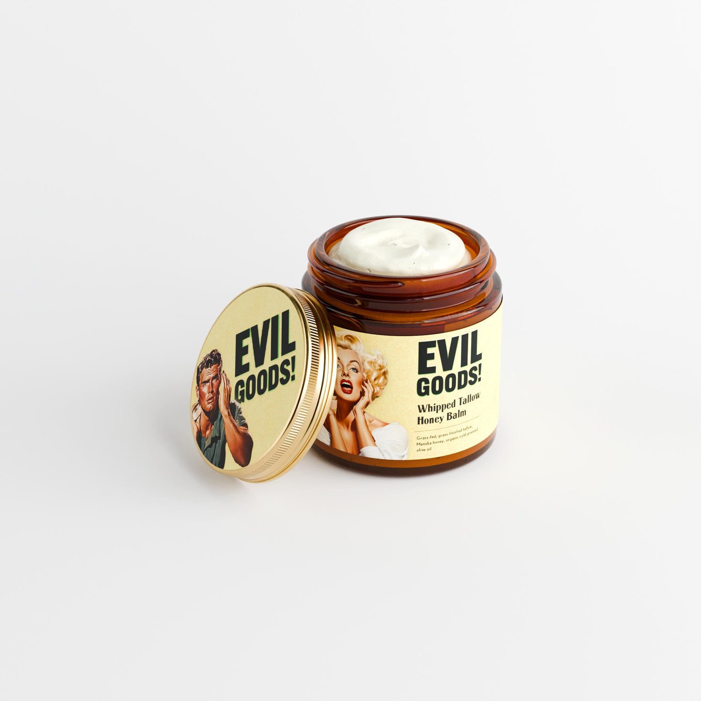 EVIL GOODS Whipped Beef Tallow and Manuka Honey Balm, 4oz, Organic Face Cream, Moisturizer, Body Lotion, Skin Care and Lip Balm - Natural Beauty Skincare