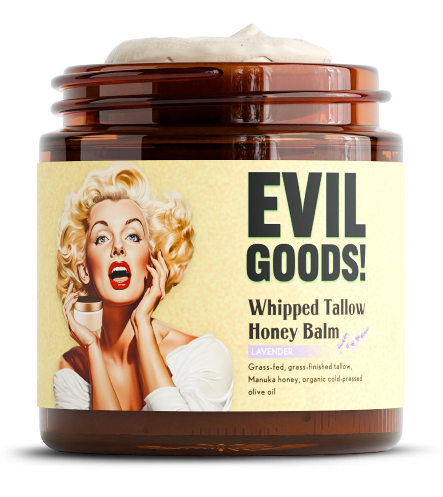 EVIL GOODS Whipped Beef Tallow and Manuka Honey Balm, 4oz, Organic Face Cream, Moisturizer, Body Lotion, Skin Care and Lip Balm - Natural Beauty Skincare