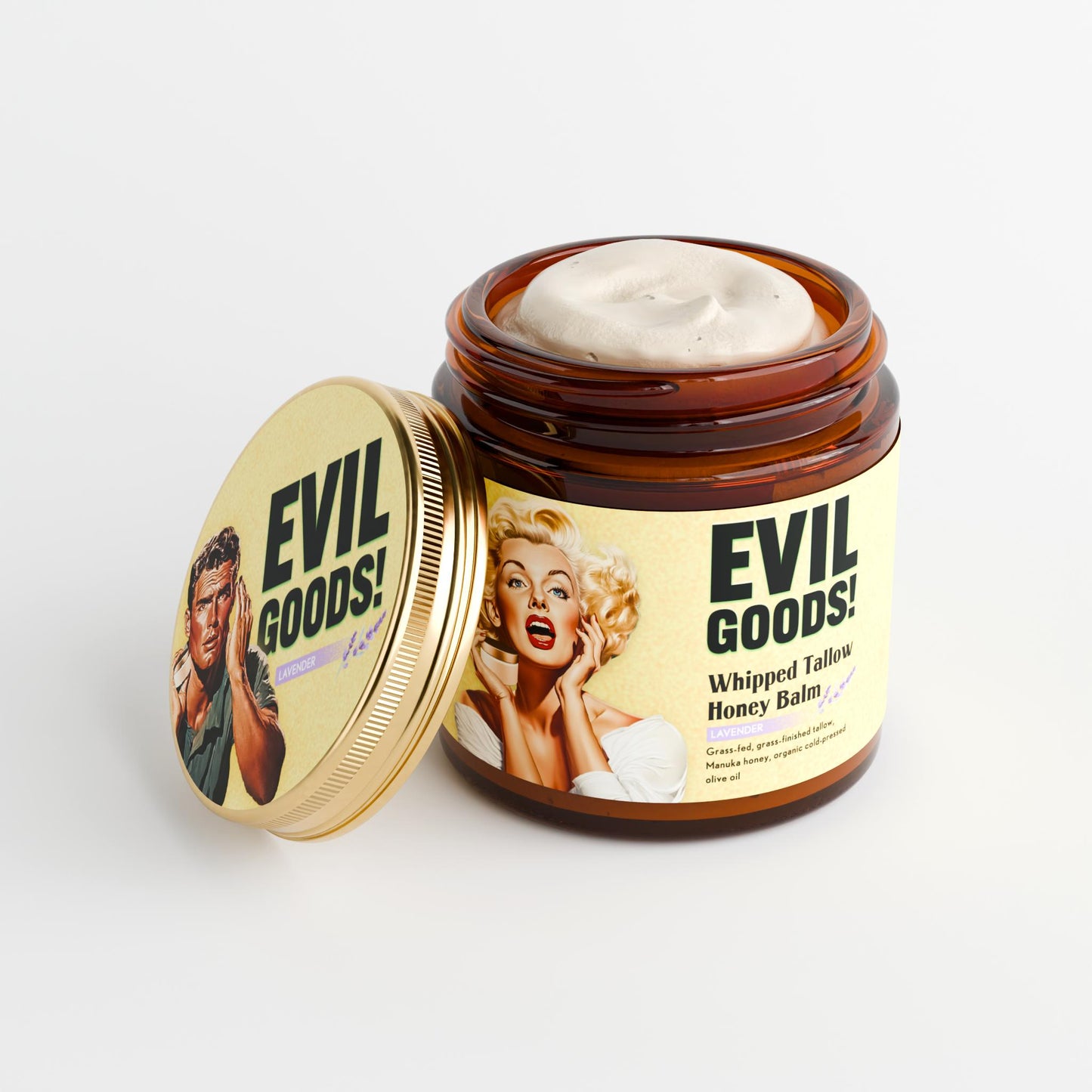 EVIL GOODS Whipped Beef Tallow and Manuka Honey Balm, 4oz, Organic Face Cream, Moisturizer, Body Lotion, Skin Care and Lip Balm - Natural Beauty Skincare