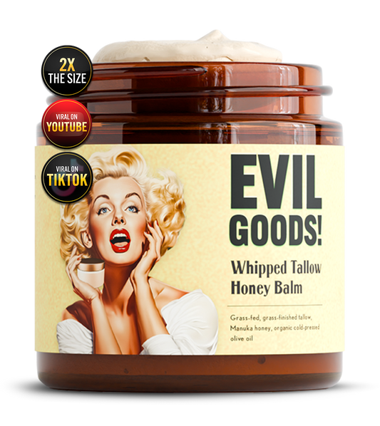 EVIL GOODS! Whipped Beef Tallow and Manuka Honey Balm, 4oz, Organic Face Cream, Moisturizer, Body Lotion, Skin Care and Lip Balm